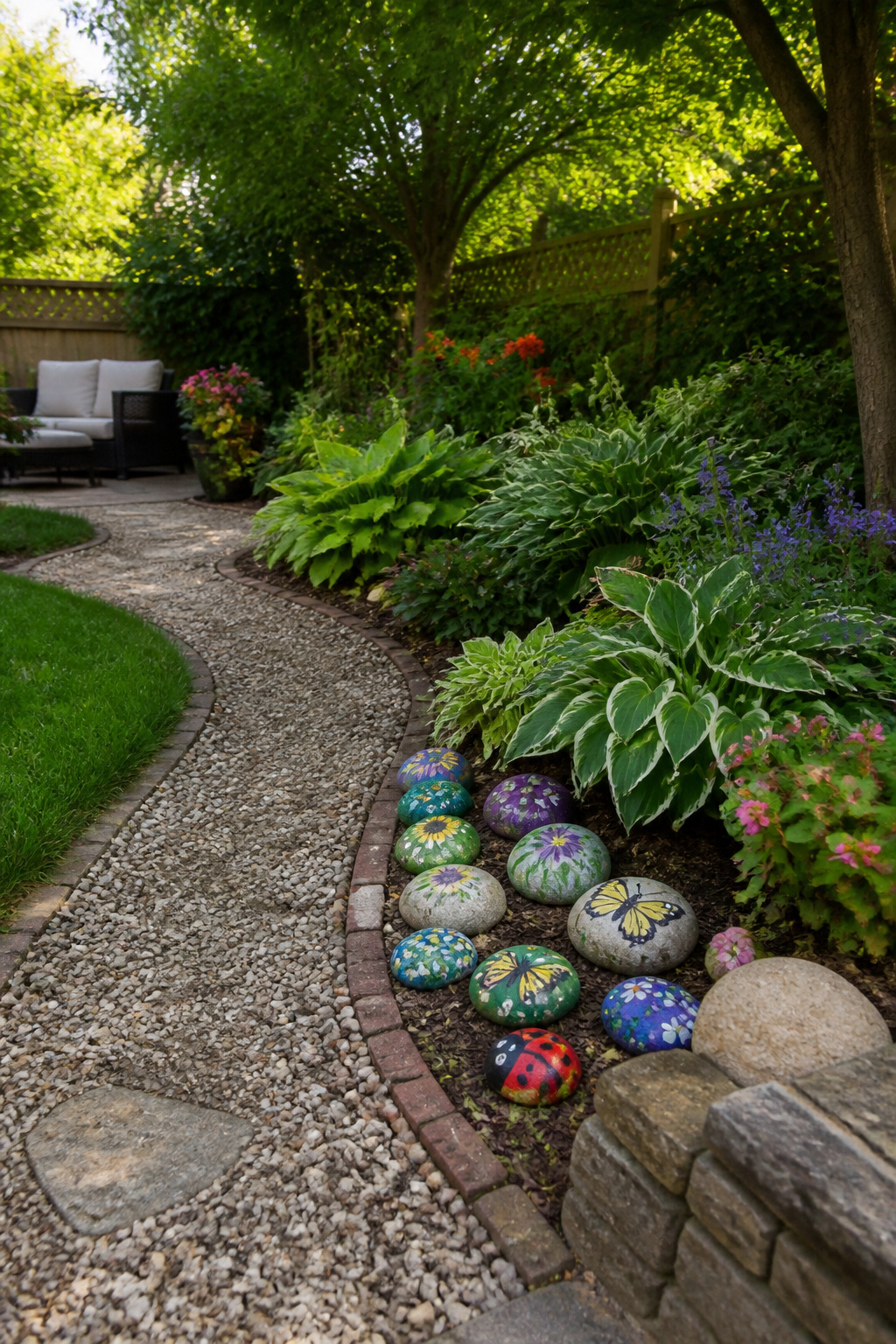 Painted rocks arranged near plants and a pathway.