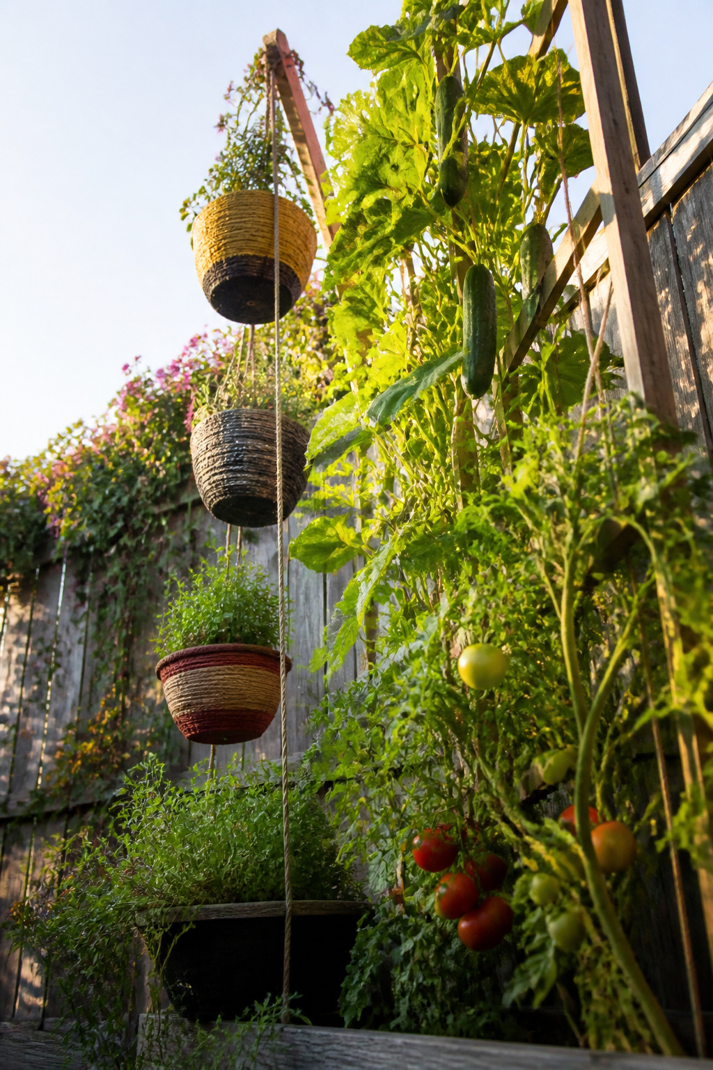 8 Easy Simple Garden Ideas for Any Yard in 2026 7 A trellis supporting a cucumber vine and various hanging planters.