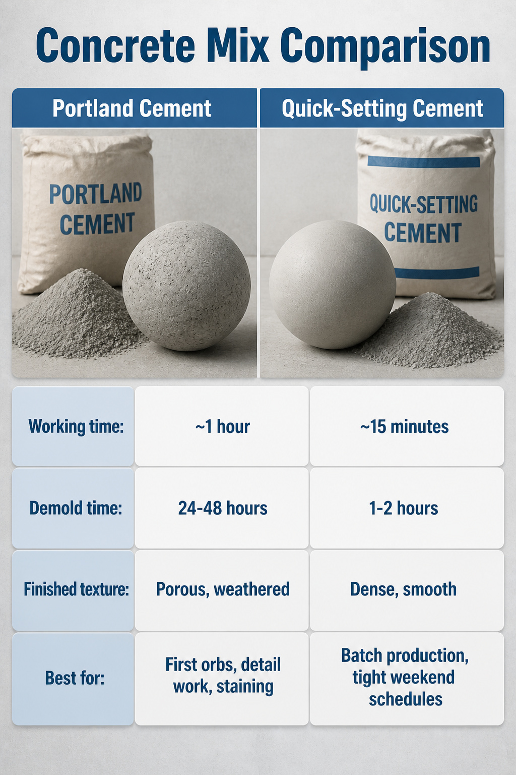 DIY Concrete Garden Orbs: A Step-by-Step Guide for 2026 7 A comparison chart of different concrete mixes for orbs.