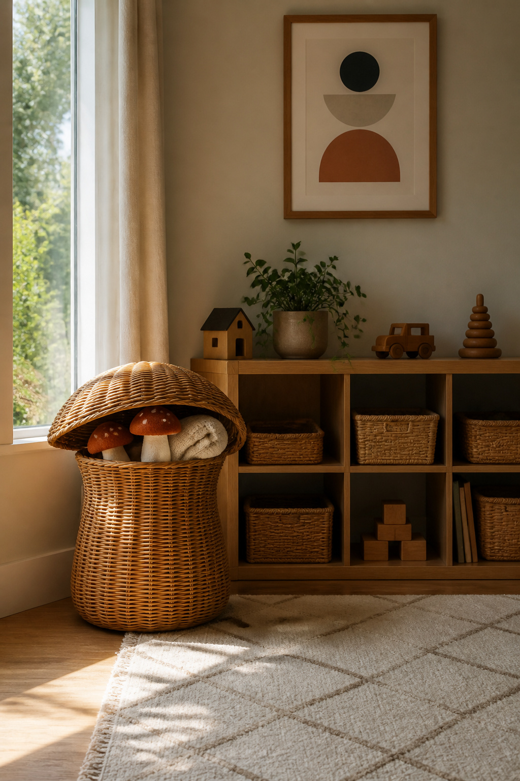 Woven mushroom-shaped baskets on a shelf.