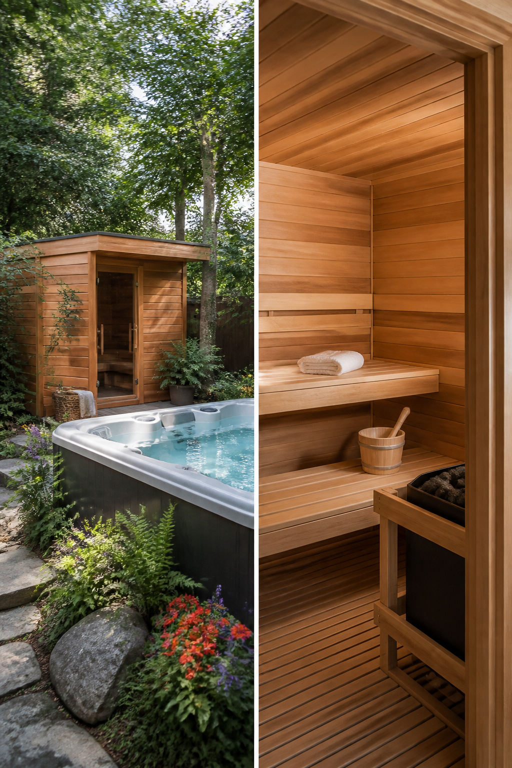 Outdoor Living Hot Tubs: 7 Brands and Styles for Your Backyard 7 Tylö sauna positioned beside a hot tub in a backyard.