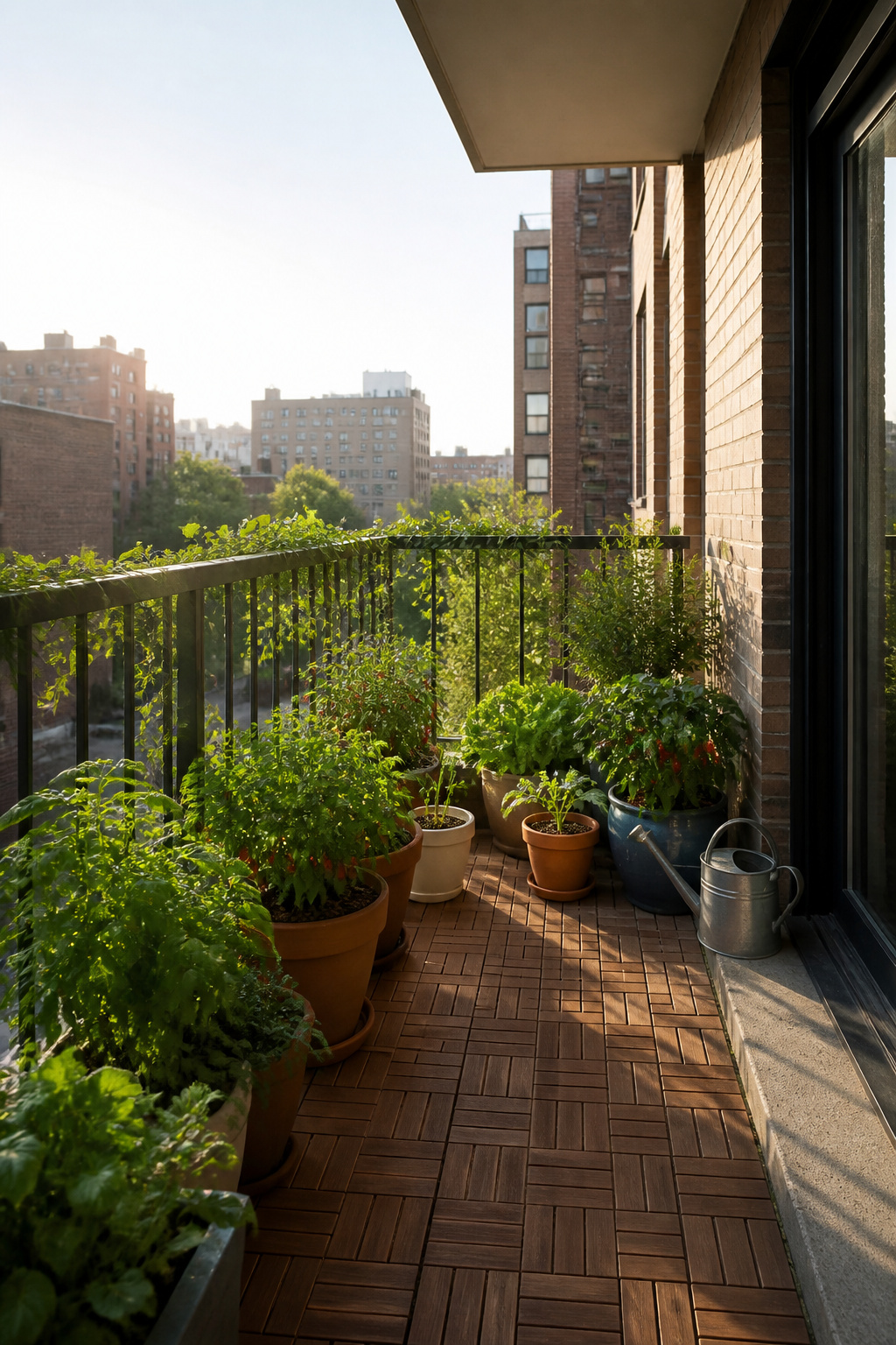 Various containers filled with herbs and vegetables on a patio.