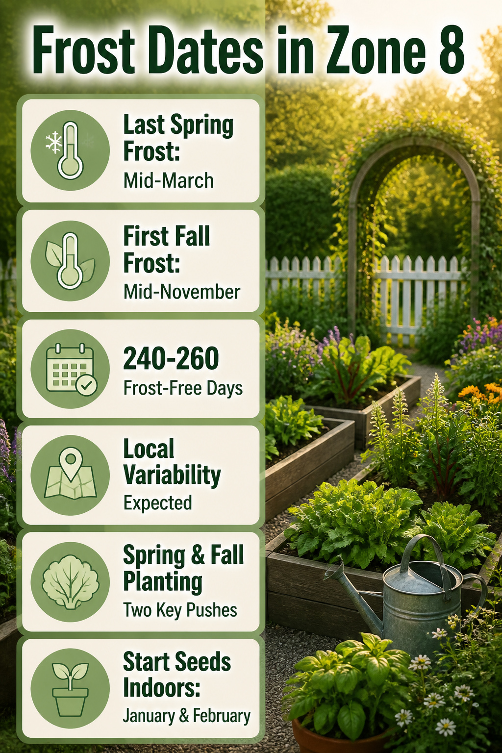 Zone 8 Gardening Guide: Vegetables, Herbs, Flowers, Fruits, Perennials & Care 7 Information image showing frost dates in Zone 8.