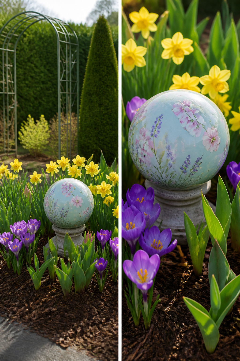 Gazing Ball Garden Ideas: Styles, Placement and DIY Options (2026) 7 Gazing balls in various colors representing different seasons.