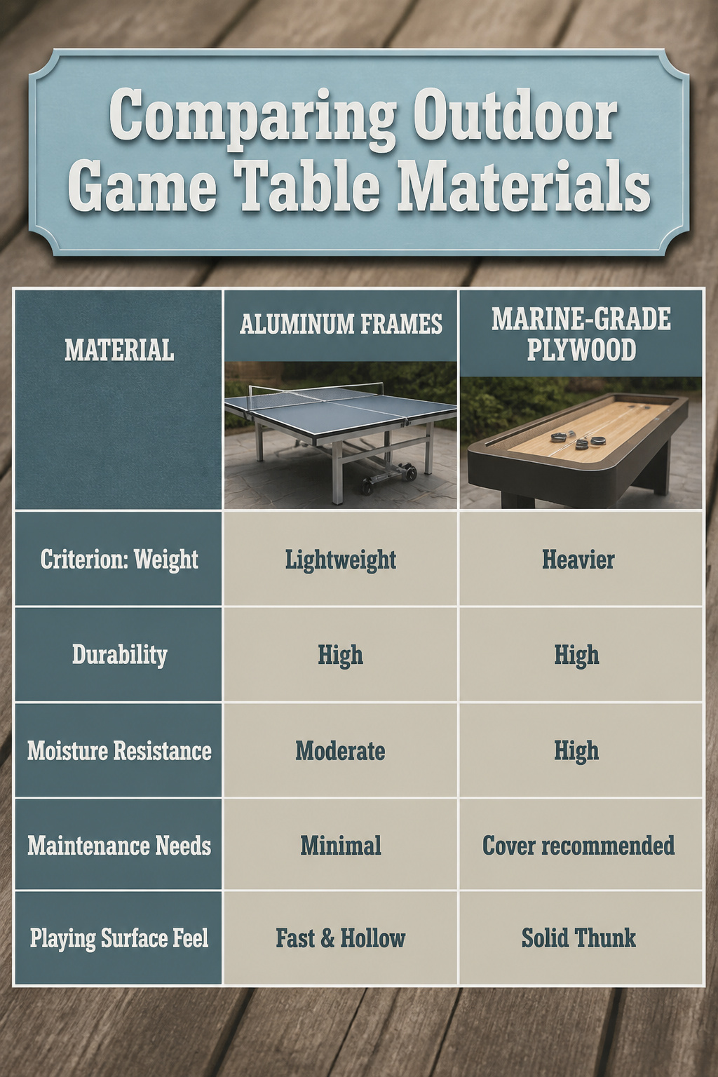 Infographic comparing materials used for outdoor game tables.