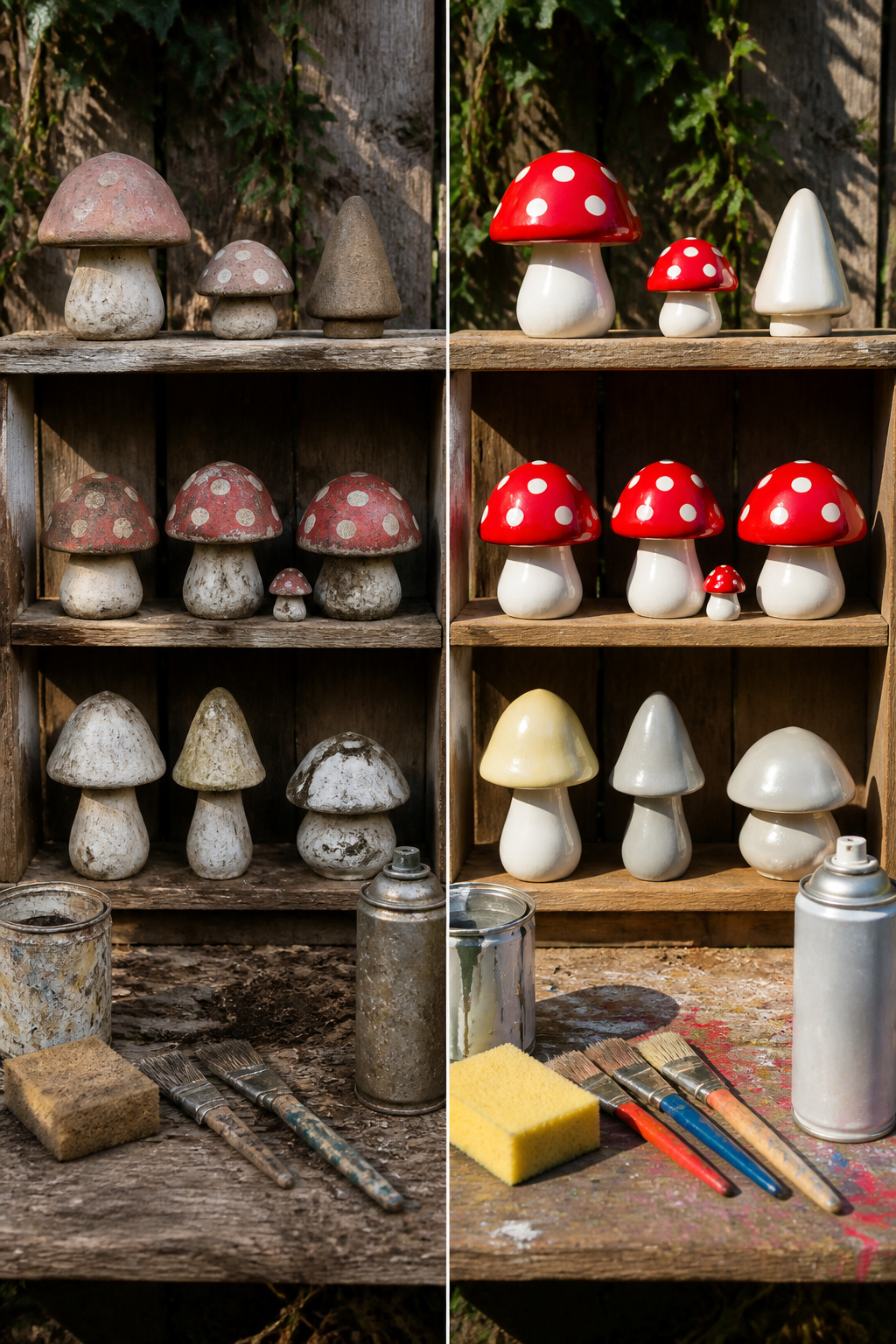 Acrylic paint and clear sealer used for outdoor mushroom decor.