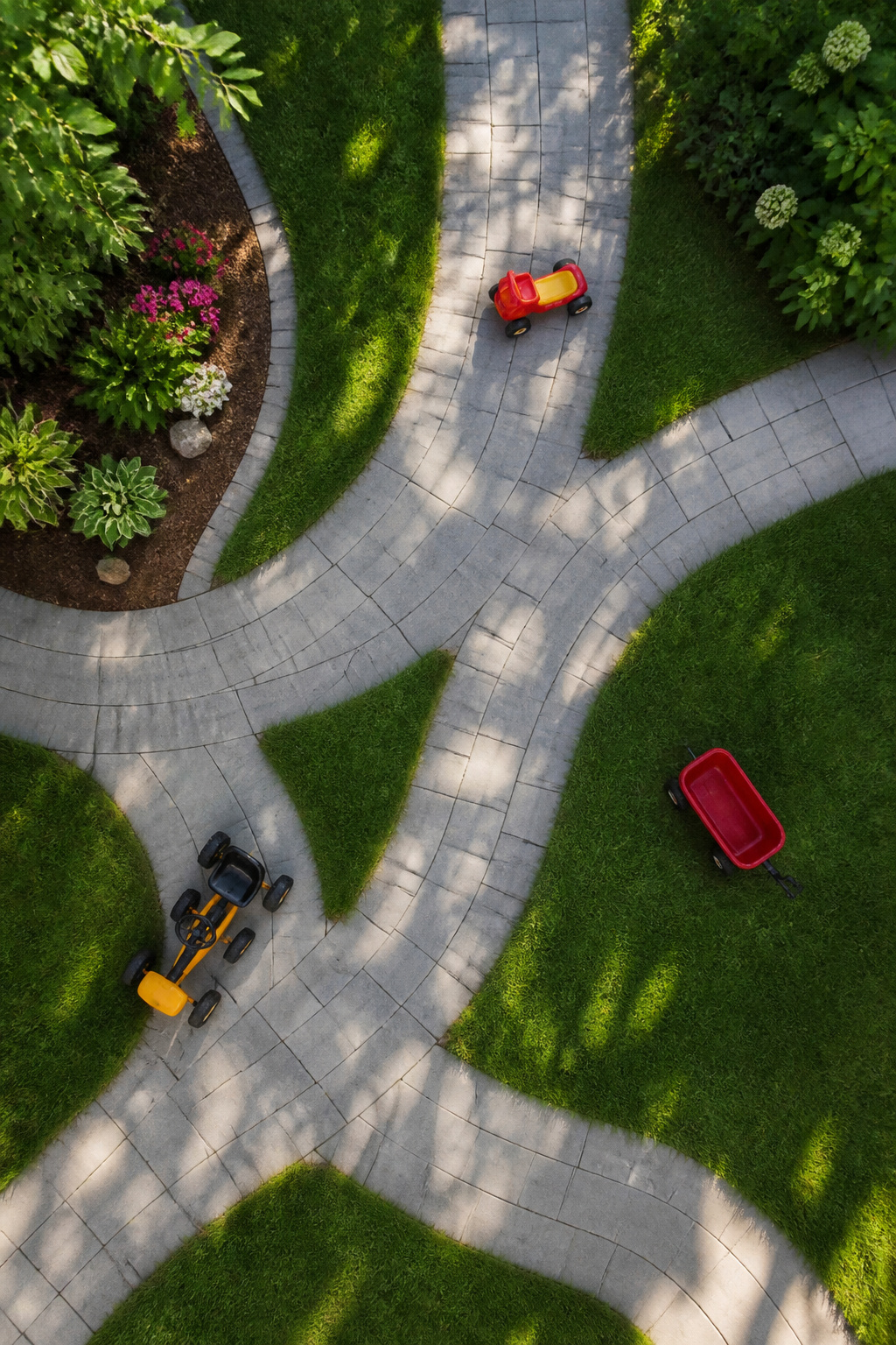 20 Outdoor Kids Play Area Ideas for Backyards in 2026 7 Flat pavers laid out on the ground forming a roadway.