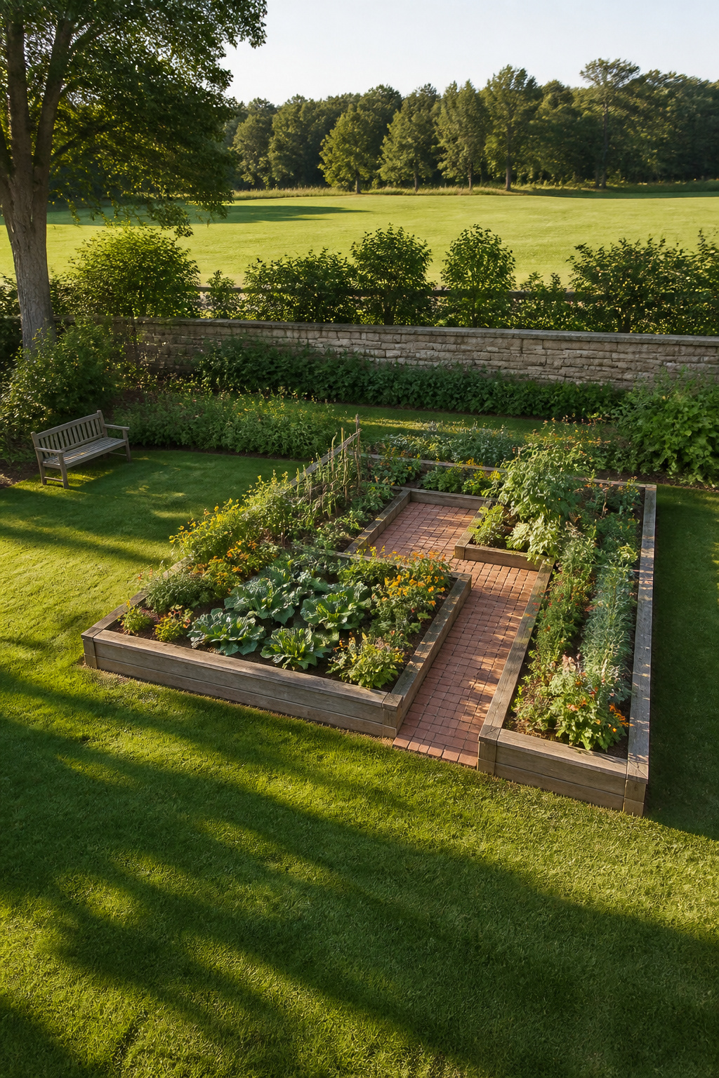 Rectangular layout of raised beds with paths, resembling a kitchen garden.