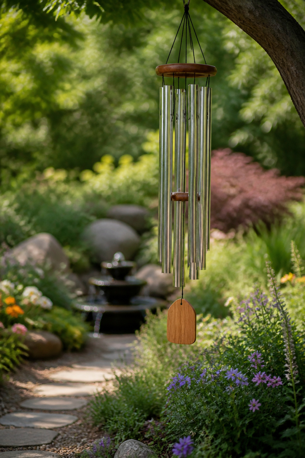 9 Whimsical Garden Ideas: Texture, Color, Light & Art for 2026 8 Wind chimes hanging in a garden, designed for deep resonant sounds.
