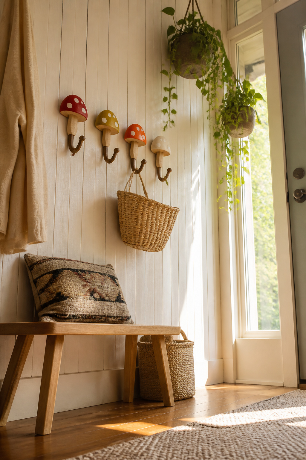 Wall hooks shaped like mushrooms holding bags and scarves.