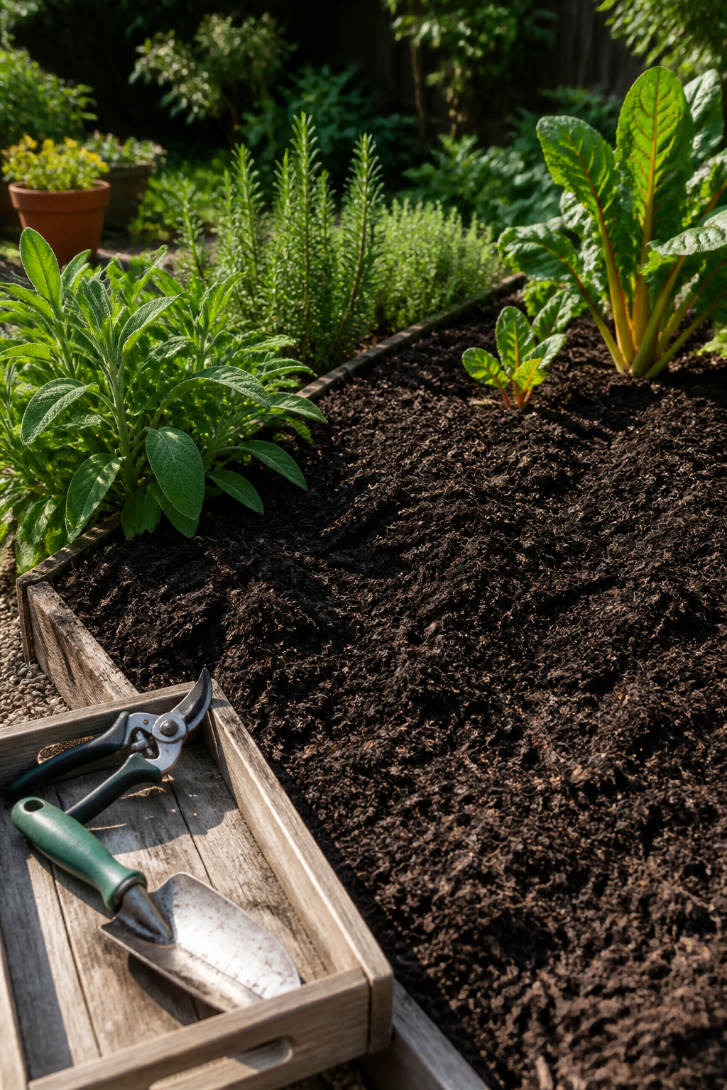 Zone 8 Gardening Guide: Vegetables, Herbs, Flowers, Fruits, Perennials & Care 8 Dark compost mulch spread over soil in a garden bed.