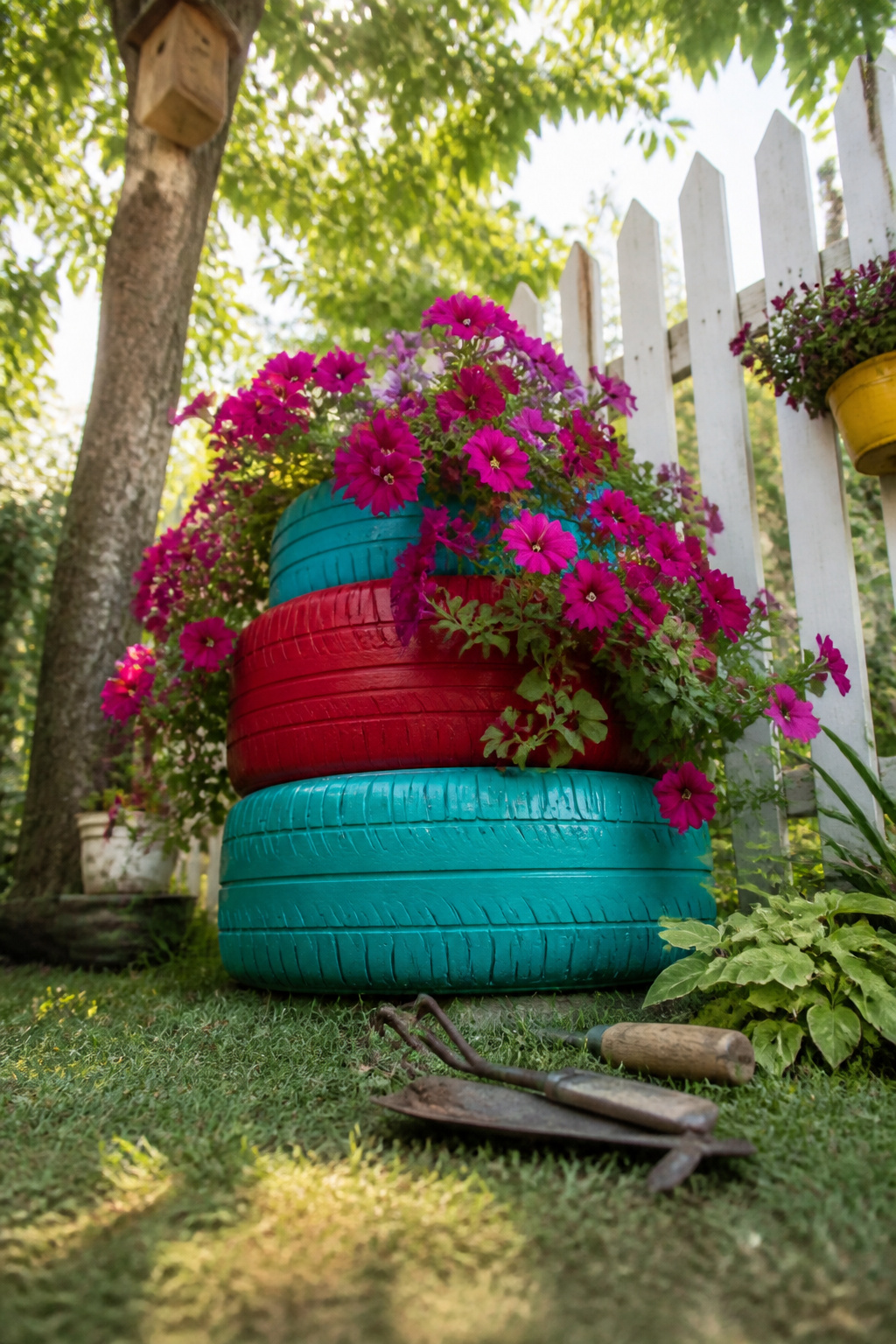 12 Yard Decorations DIY Projects for 2026 8 Stacked, painted tires used as colorful garden planters.