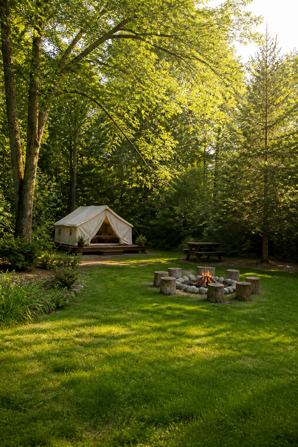 20 Outdoor Kids Play Area Ideas for Backyards in 2026 8 A tent set up in a backyard next to a fire pit.