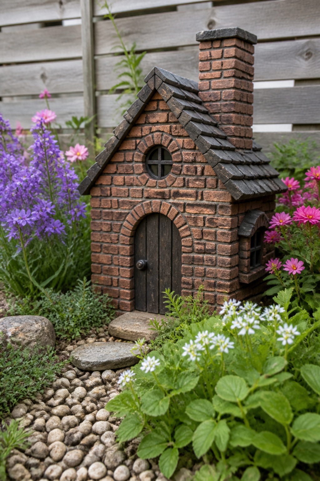 DIY Garden Fairy House: 20 Ways to Build One 8 Faux brick fairy house painted in terracotta and surrounded by flowers.