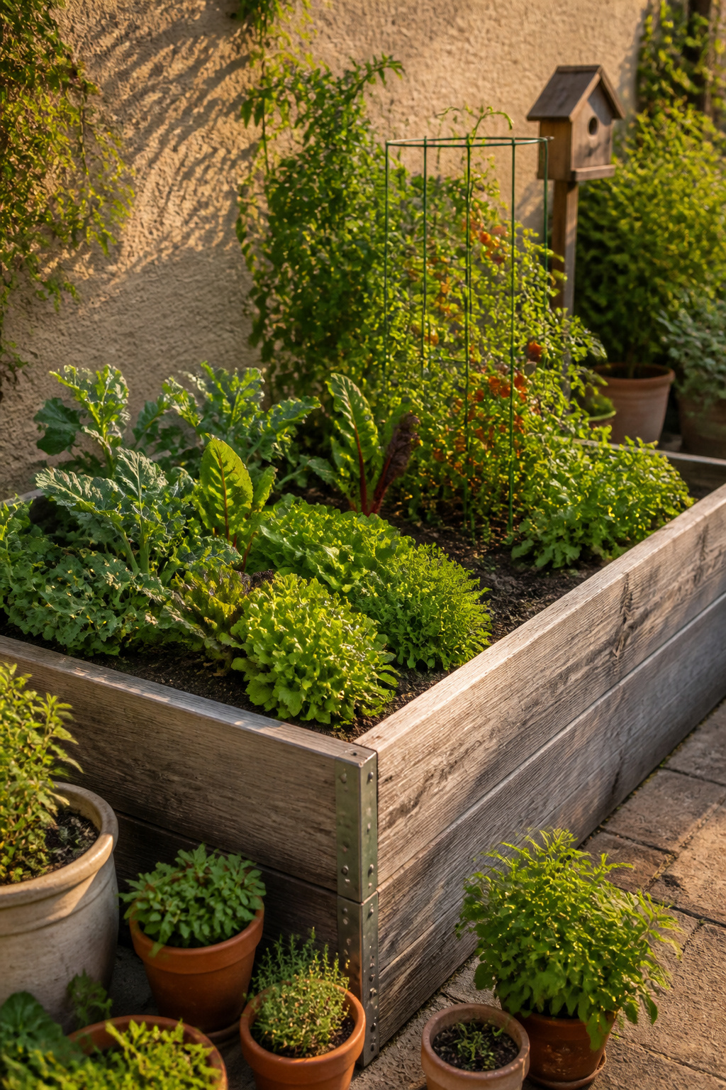Single raised garden bed positioned on a patio area.