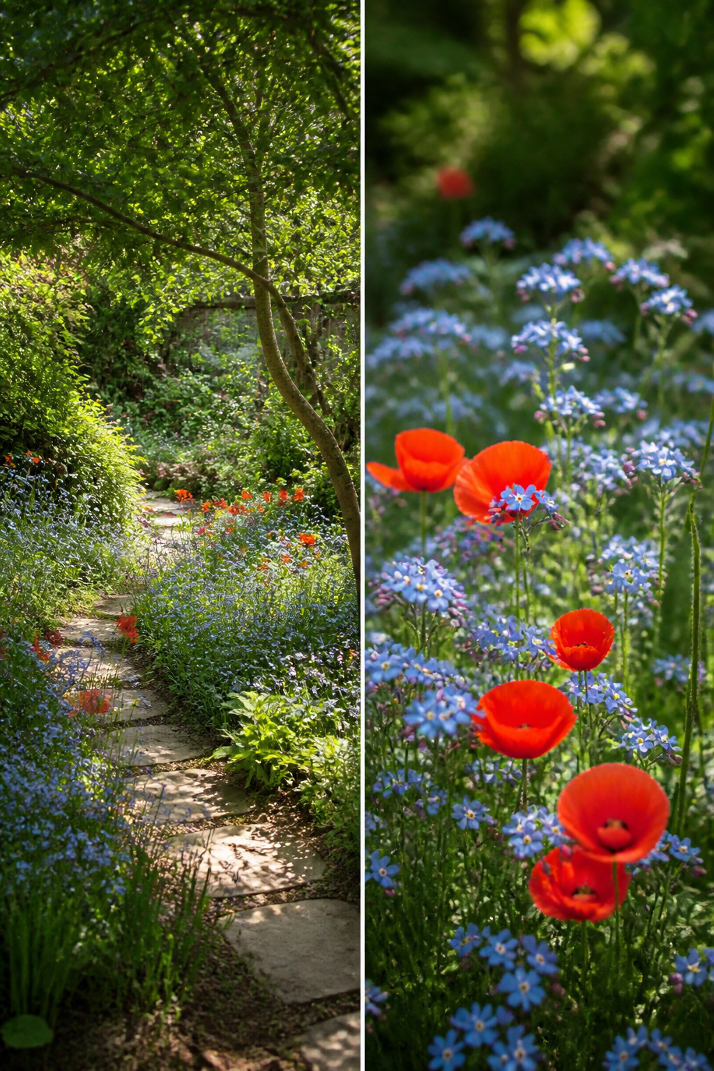 8 Easy Simple Garden Ideas for Any Yard in 2026 8 A field of forget-me-nots and annual poppies blooming in the garden.