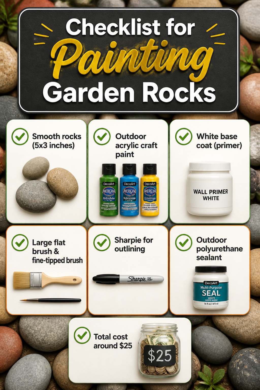 List of materials for painting garden rocks on a surface.