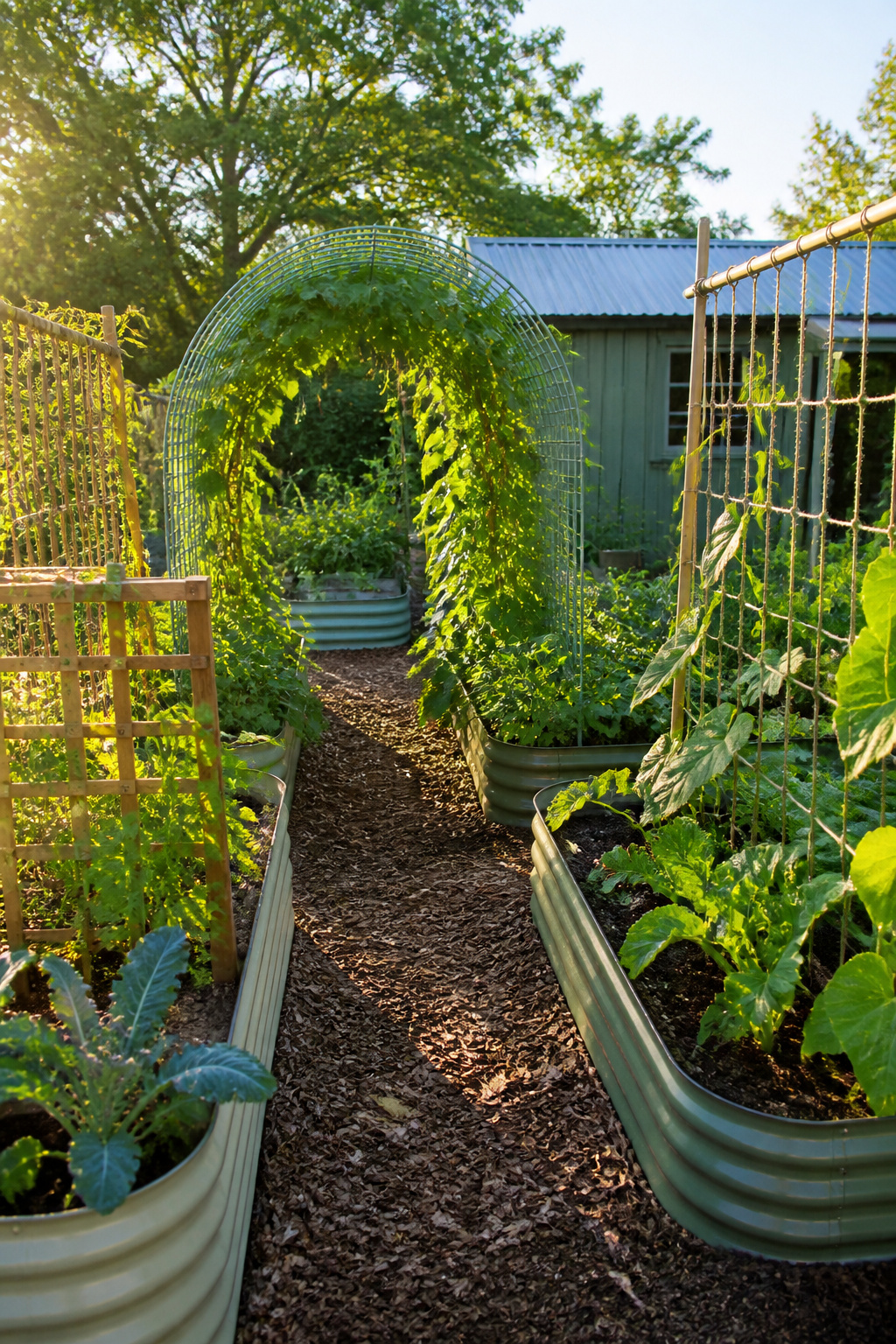 Photograph displaying various trellis types in a garden.