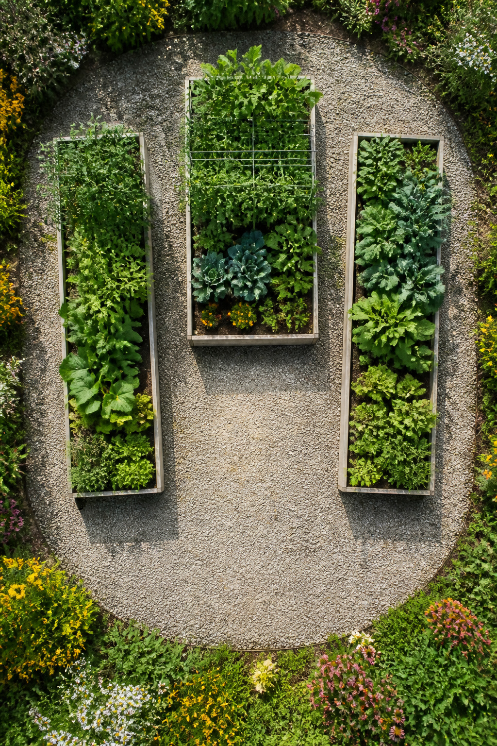 Three raised beds arranged in a U-shape for gardening.
