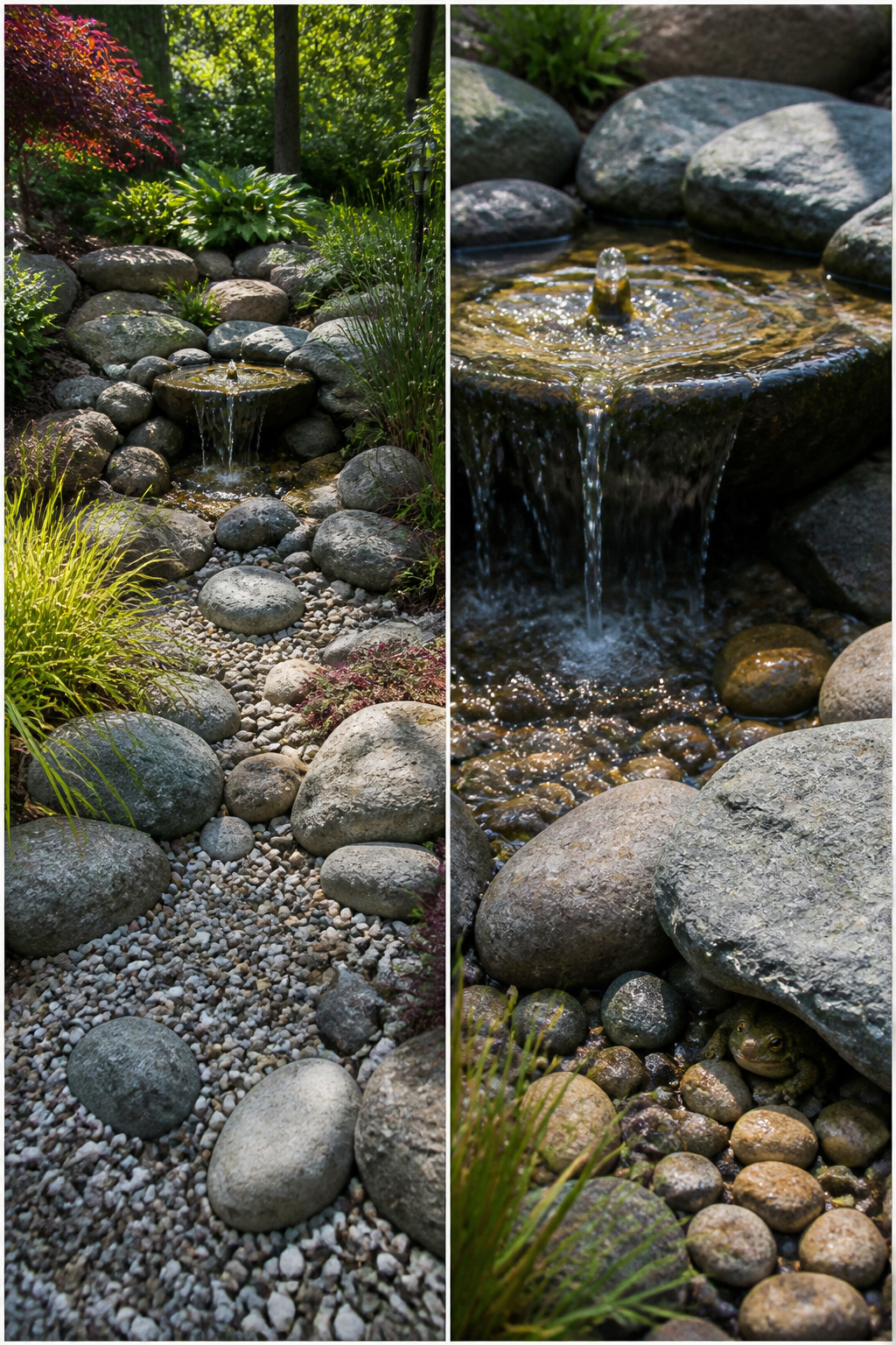 Rock garden with a water feature and gravel bed.