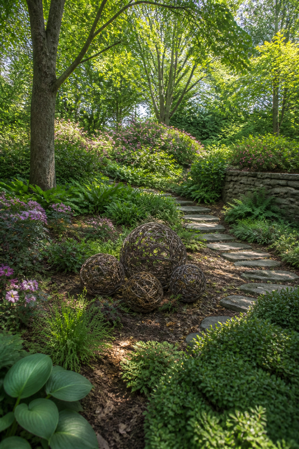 A natural branch orb made from pruned garden branches.