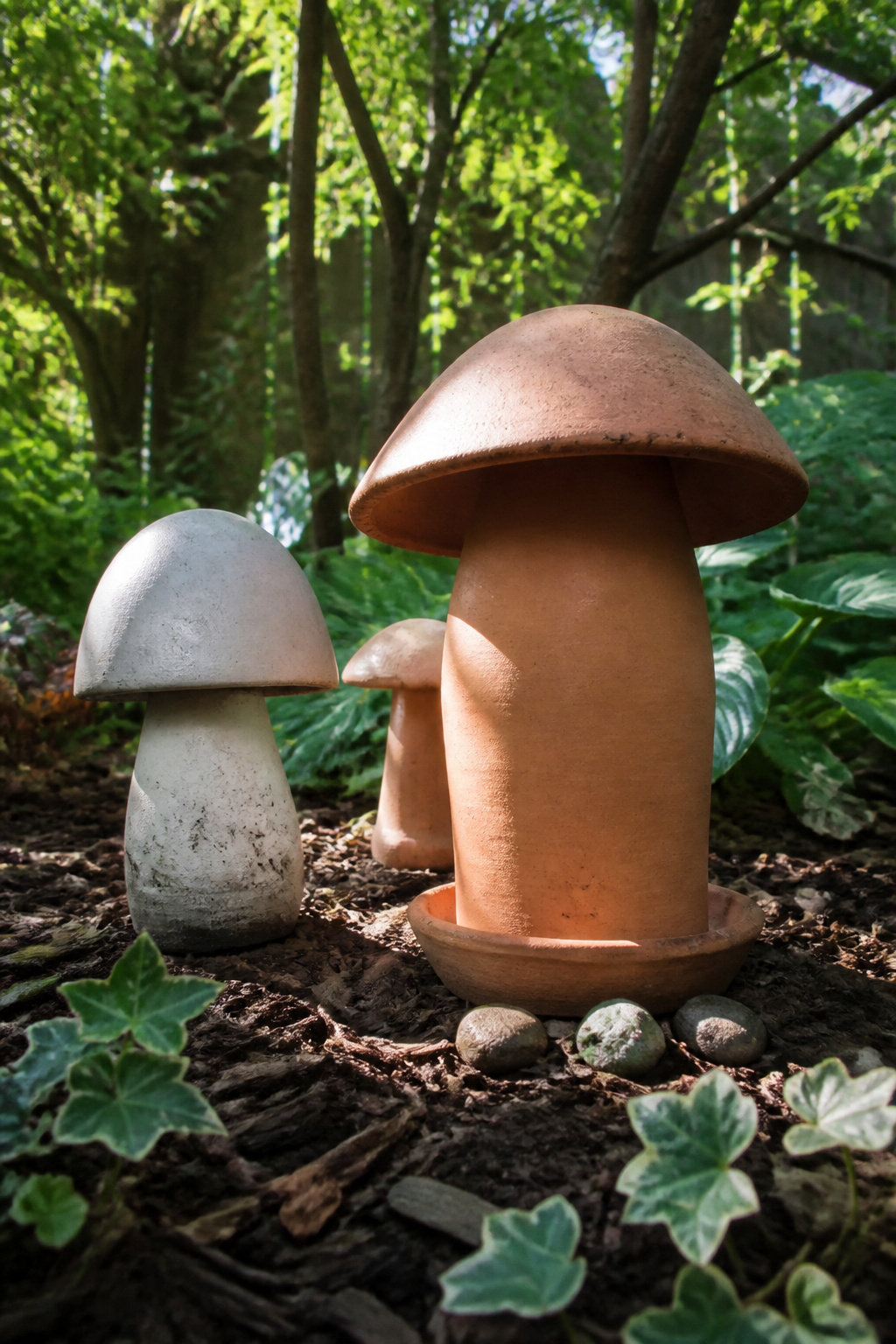 Mushroom caps glued to narrow stems, demonstrating stability techniques.