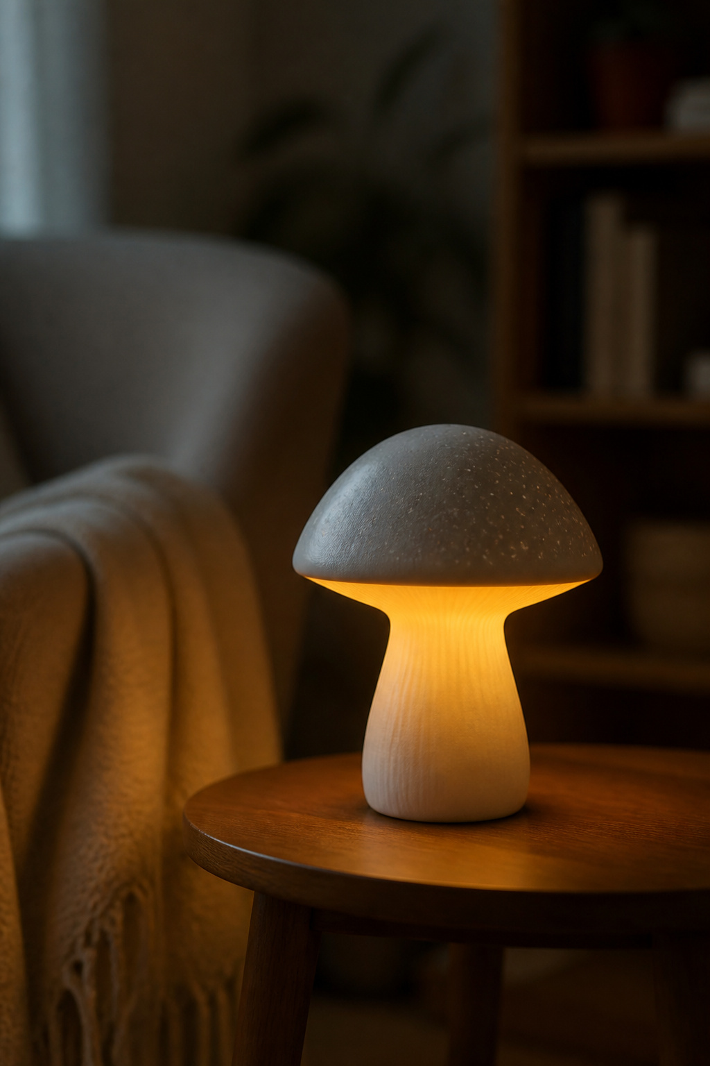 Mushroom-shaped night lights plugged into a wall outlet.