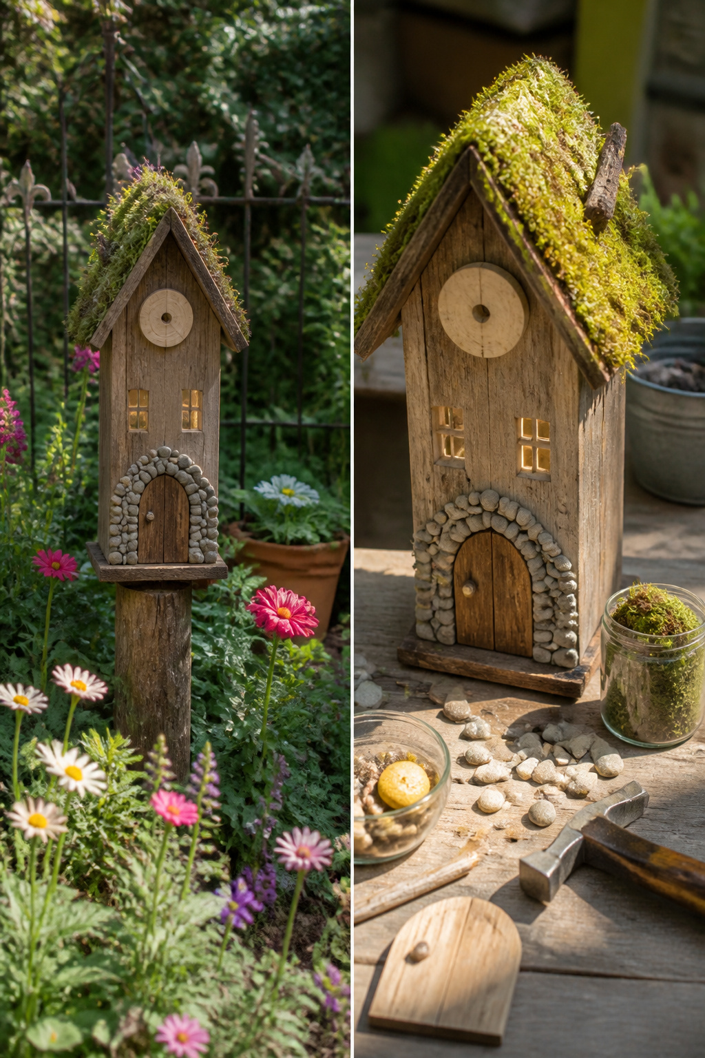 DIY Garden Fairy House: 20 Ways to Build One 9 Wooden birdhouse decorated with moss and set in a garden.