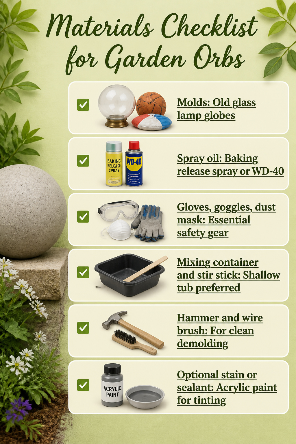DIY Concrete Garden Orbs: A Step-by-Step Guide for 2026 9 A checklist of materials required for making concrete orbs.