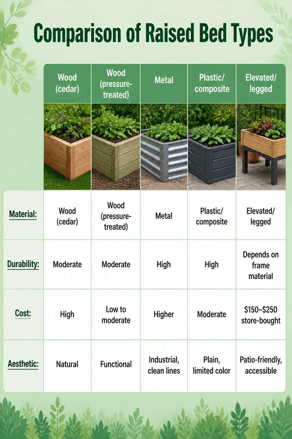 How to Build Raised Garden Beds: 8 Steps for a DIY Raised Bed Garden in 2026 9 Chart comparing different types of raised garden beds.
