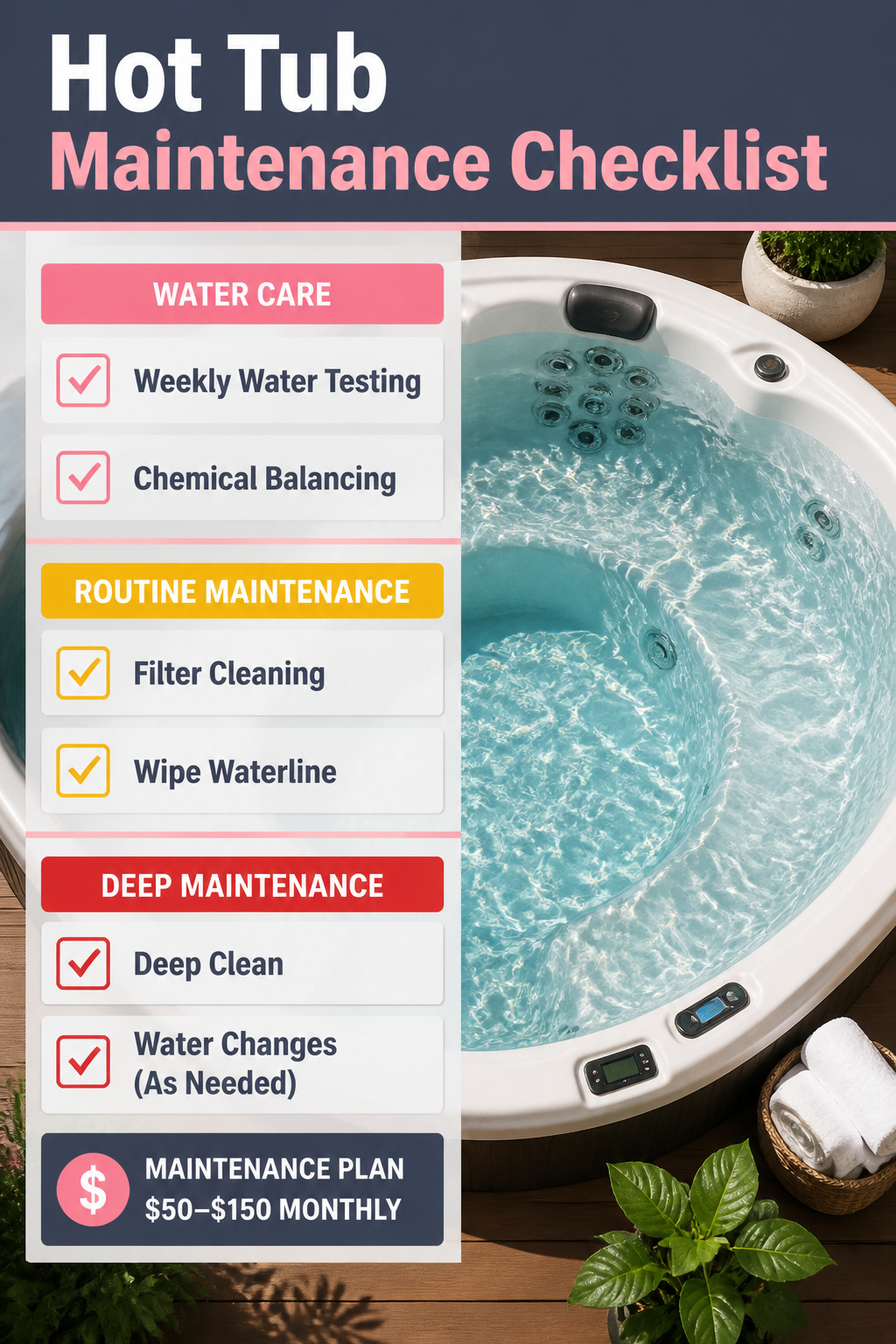 Outdoor Living Hot Tubs: 7 Brands and Styles for Your Backyard 9 Hot tub maintenance checklist highlighting weekly water testing.