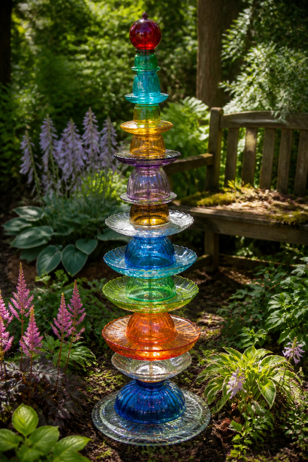 12 Yard Decorations DIY Projects for 2026 9 Flowers made from glass bottles and plates illuminated by sunlight.