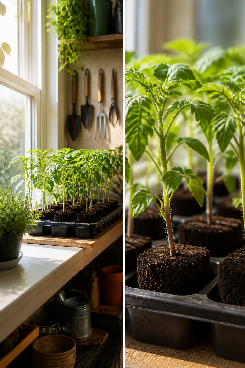 Seed trays with tomato seeds started indoors for early growth.