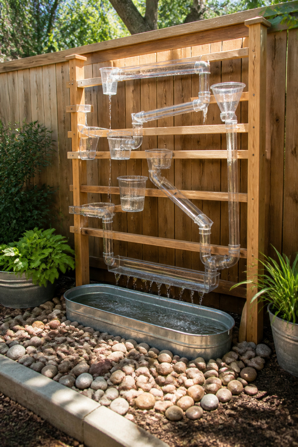 20 Outdoor Kids Play Area Ideas for Backyards in 2026 9 A water wall structure with clear tubes and a basin in a yard.