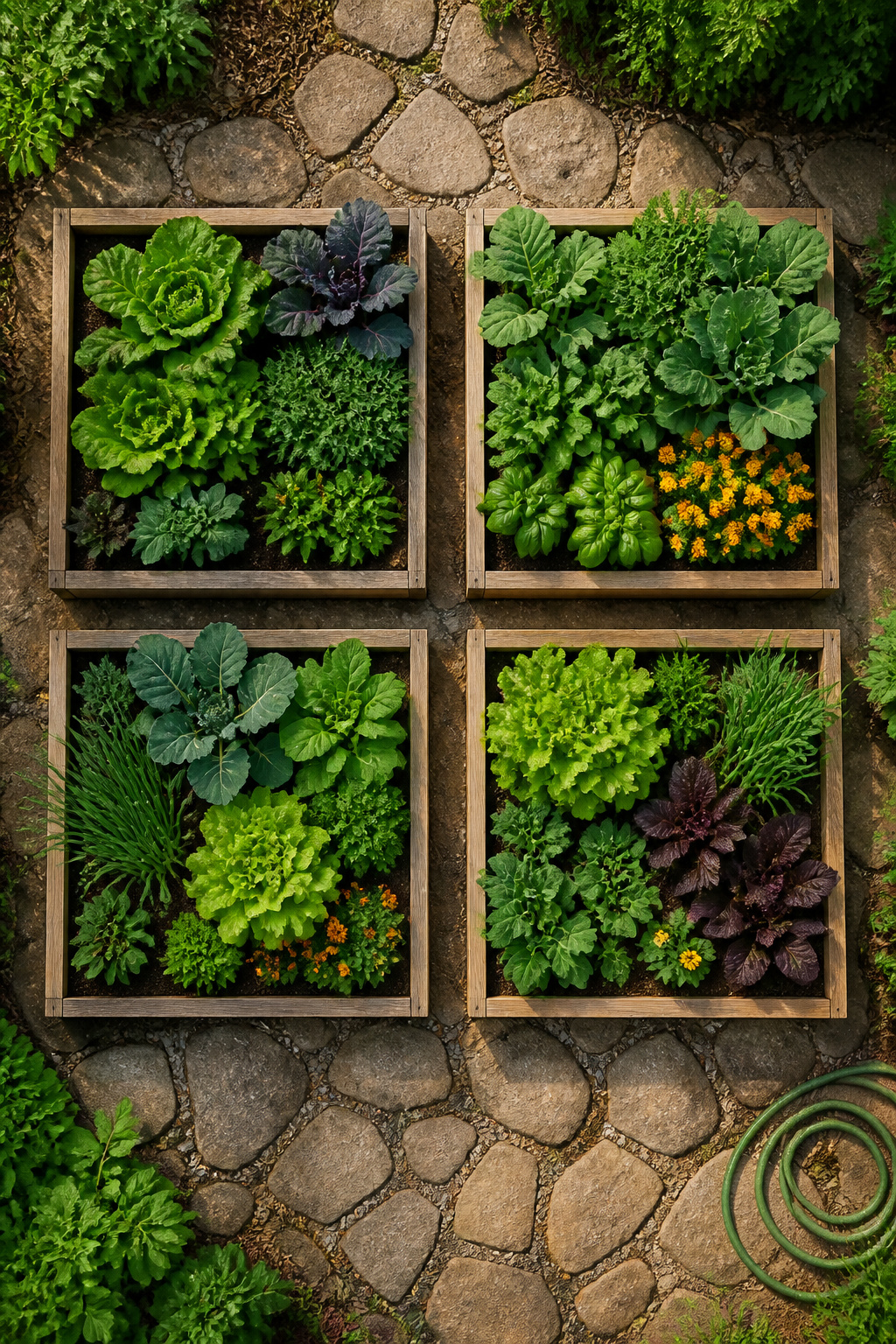 Four equal garden beds for crop rotation in a vegetable garden.