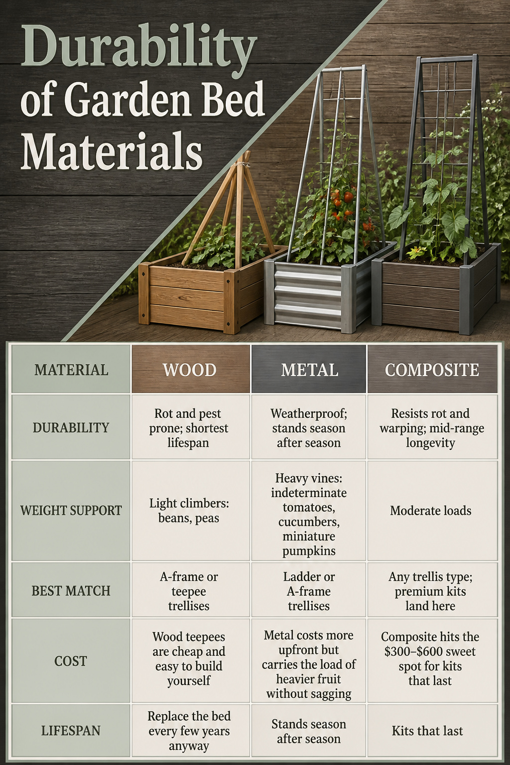 Information image titled 'Durability of Garden Bed Materials'.