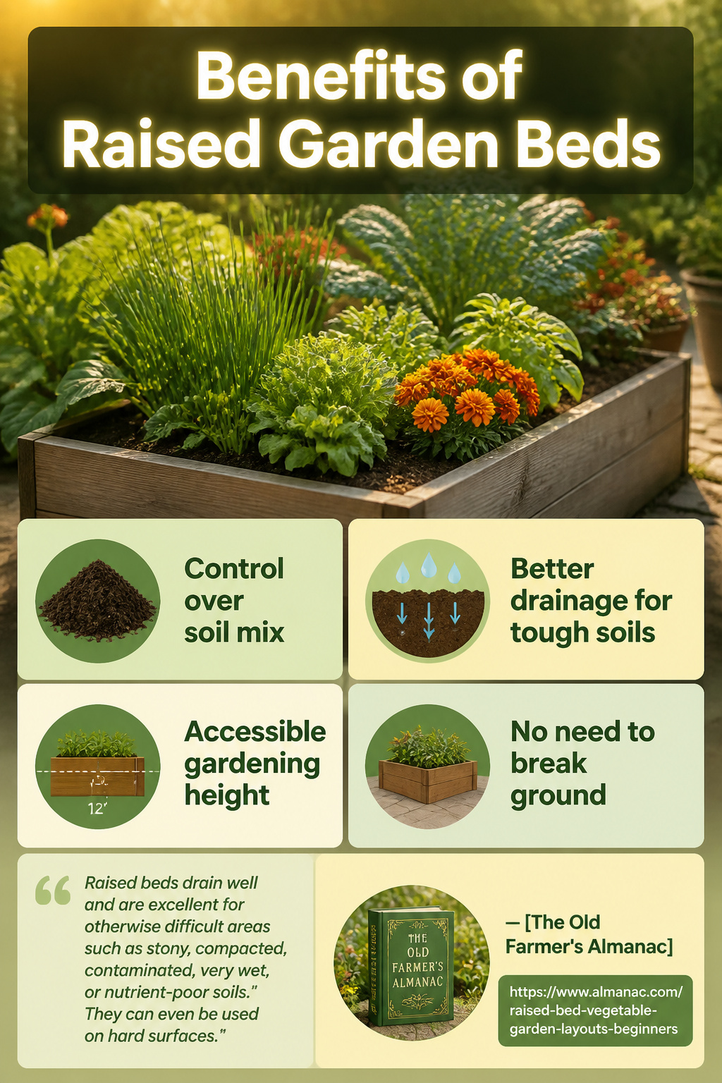 Illustration showing benefits of using raised garden beds.