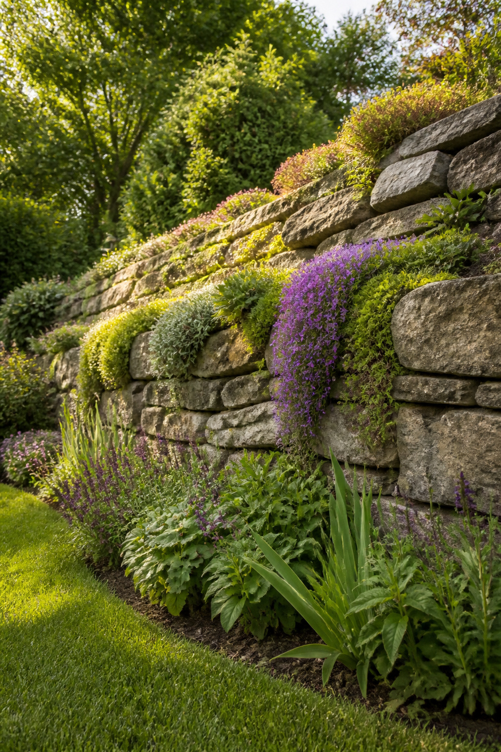 Dry-stacked stone wall with soil-filled planting pockets.
