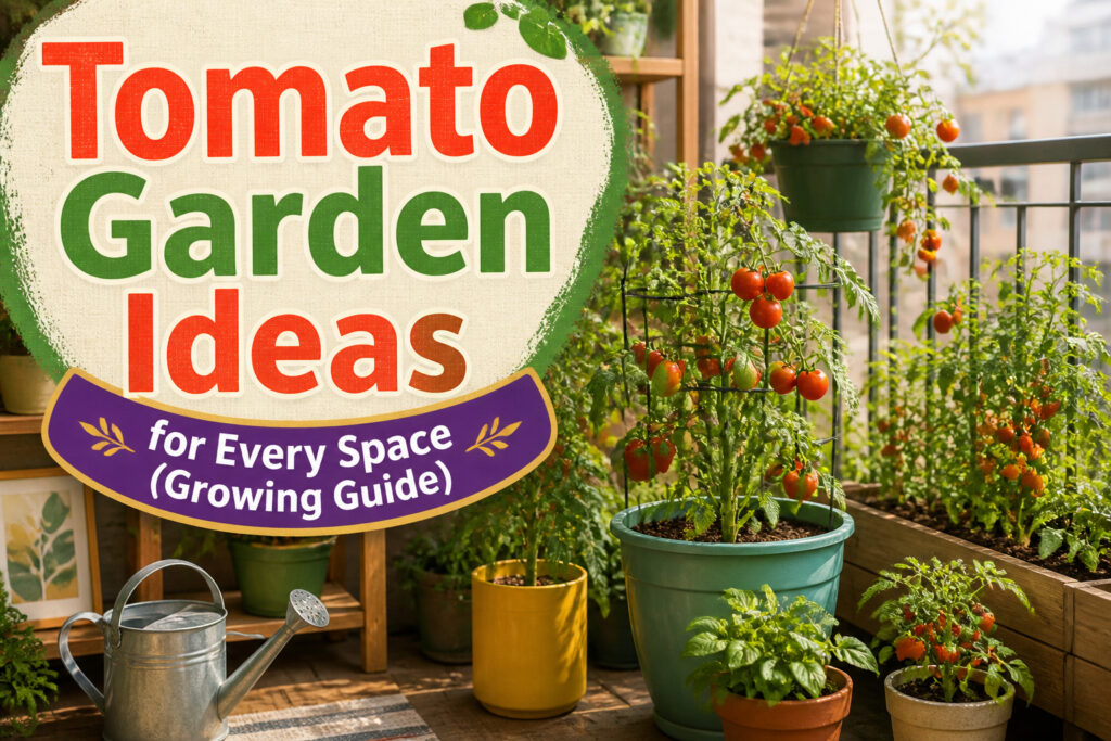 A lush tomato garden filled with vibrant plants under bright sunlight.