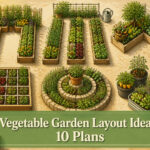 Different vegetable garden layouts displayed in an article about gardening ideas.
