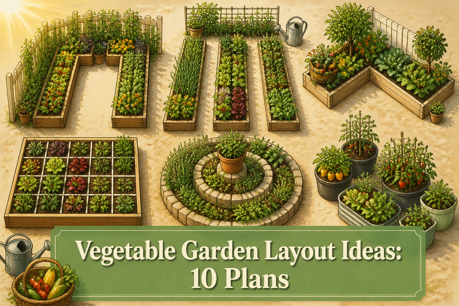 Different vegetable garden layouts displayed in an article about gardening ideas.