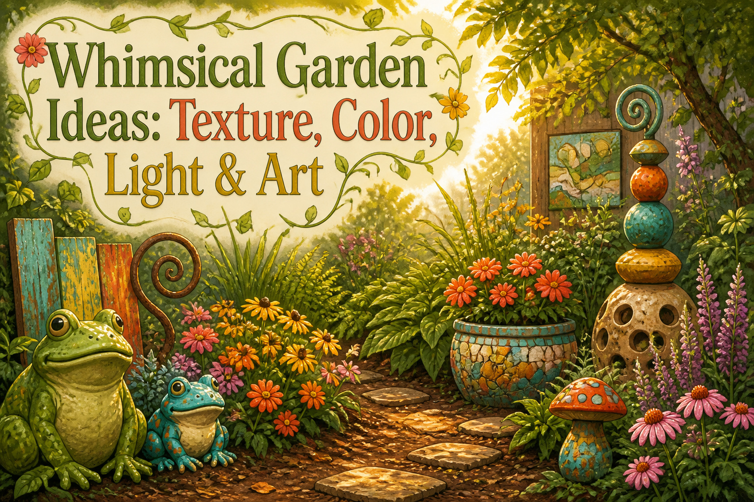 A colorful garden with various plants, textures, and artistic elements.