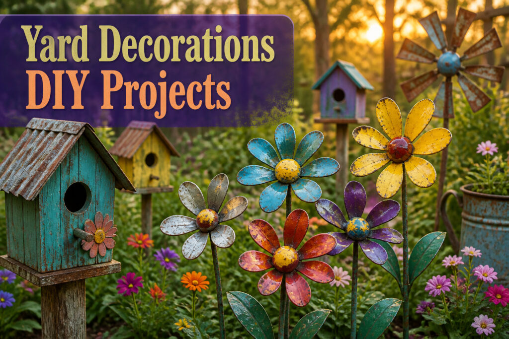 A vibrant garden showcasing diverse DIY yard decorations.